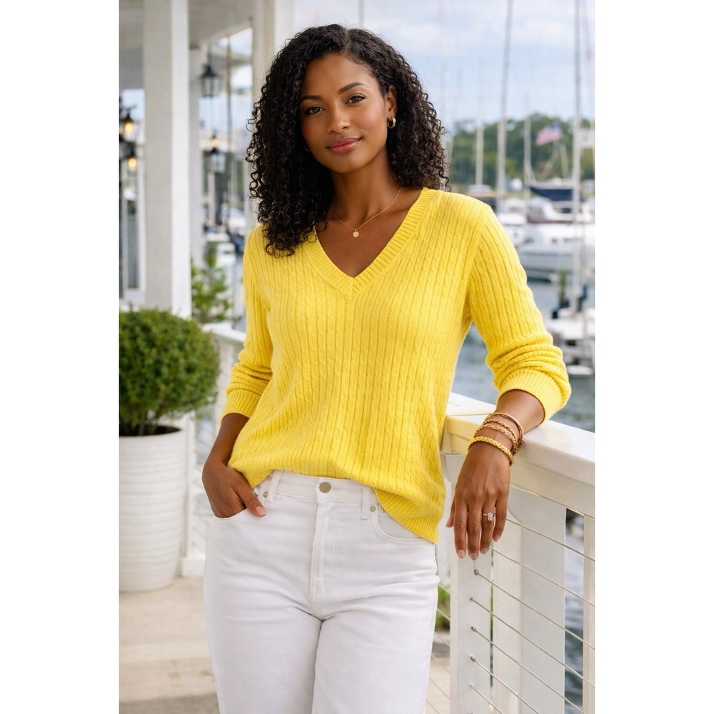 Jeanne Pierre Yellow Cable Knit V-Neck Sweater Size‎ L Tennis Preppy Minimalist